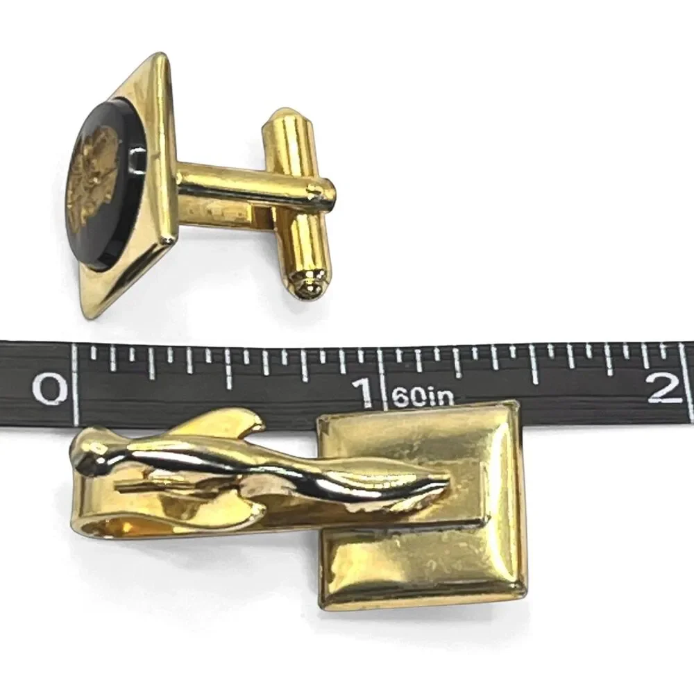 Vintage Gladiator Warrior Cufflinks Tie Clip Set Gold Tone Black Intaglio Cameo